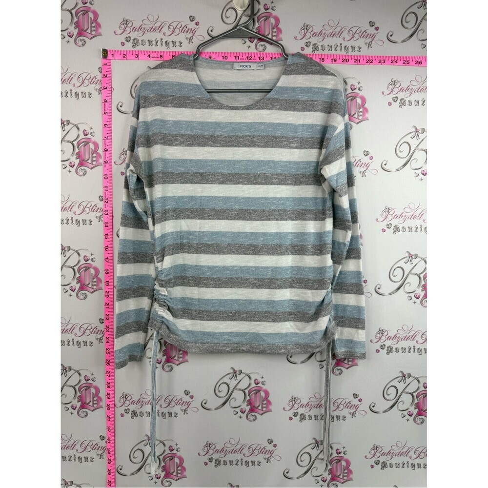 Ricki's shirt Striped Side-Tie Long Sleeve Top in Light Blue, Gray and Cream